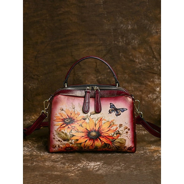 – Sunflower Print Vintage with Handbag Leather and Butterfly FashionChic