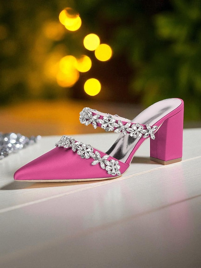 Floral Women's with Satin Block Heel Rhinestone Mules Black FashionChic