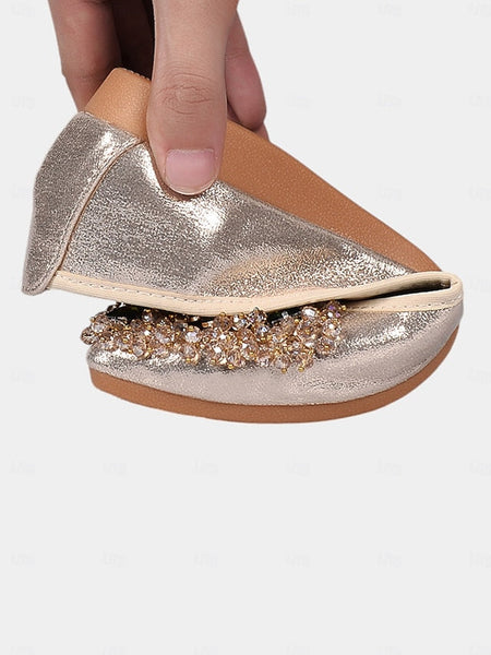 Women's with Black Flats Ballet Rhinestone Foldable FashionChic