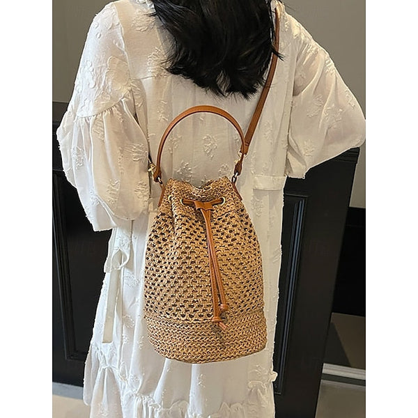 Bag - with Tote Women’s Summer Woven Drawstring Stylish Bucket FashionChic