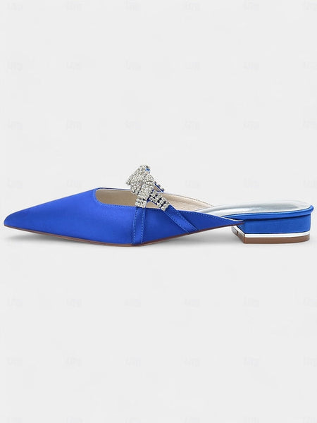 Satin - Pointed-Toe Rhinestone Detailing Blue with Heels Mule FashionChic