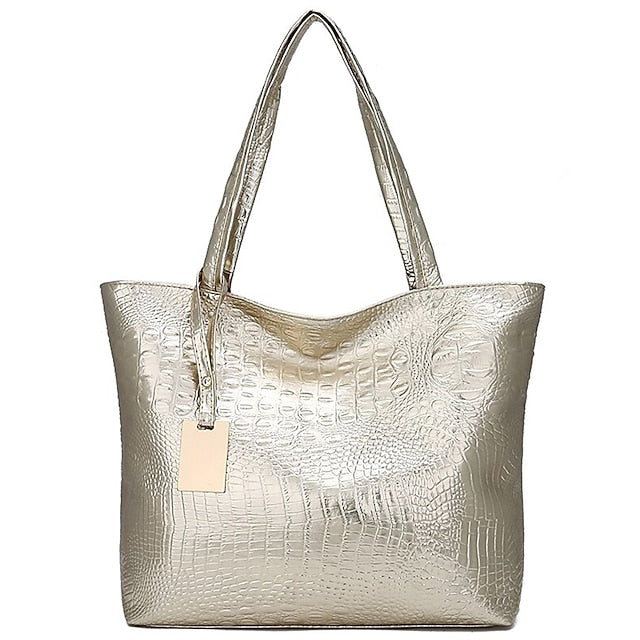 Bag Faux Large Tote Embossed Women's Croc Silver | Capacity FashionChic