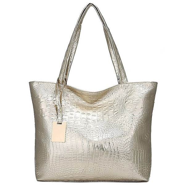 Bag Faux Large Tote Embossed Women's Croc Silver | Capacity FashionChic