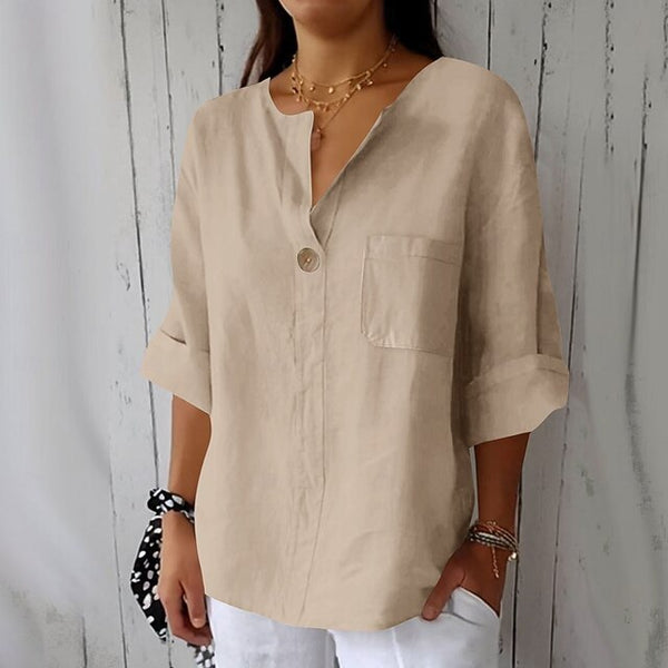 Women's Cotton Linen Blouse Solid Color Elegant Stylish FashionChic
