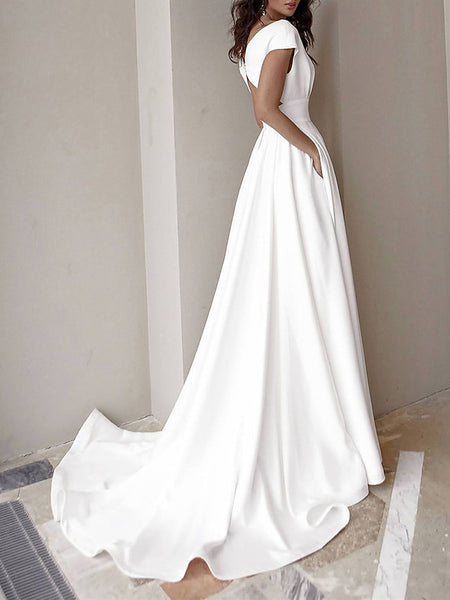 Women's White Dress Prom Dress Party Dress Ruffle Pocket V