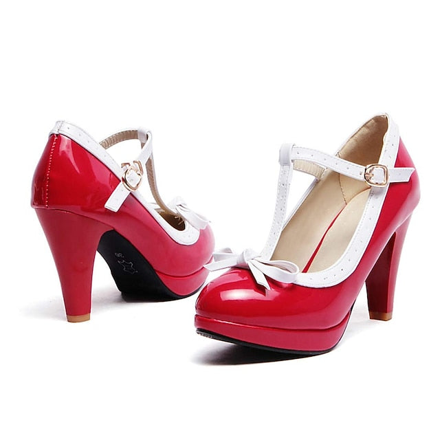 High T-Strap Patent Heels Women's Black White Leather with FashionChic