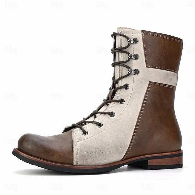 Mid-Calf Men's Faux Leather Two-Tone Lace-Up Boots Vintage FashionChic