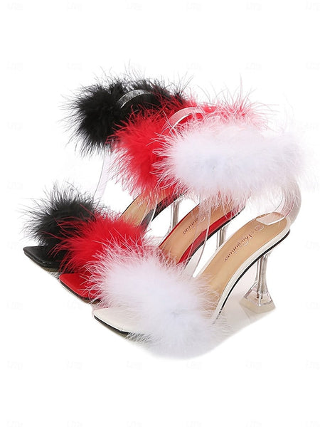 Clear Heel with Turquoise Sandals Feather-Embellished High FashionChic