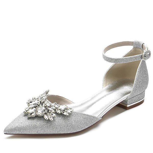 Satin Women's White – Rhinestone Floral Design Flats with FashionChic