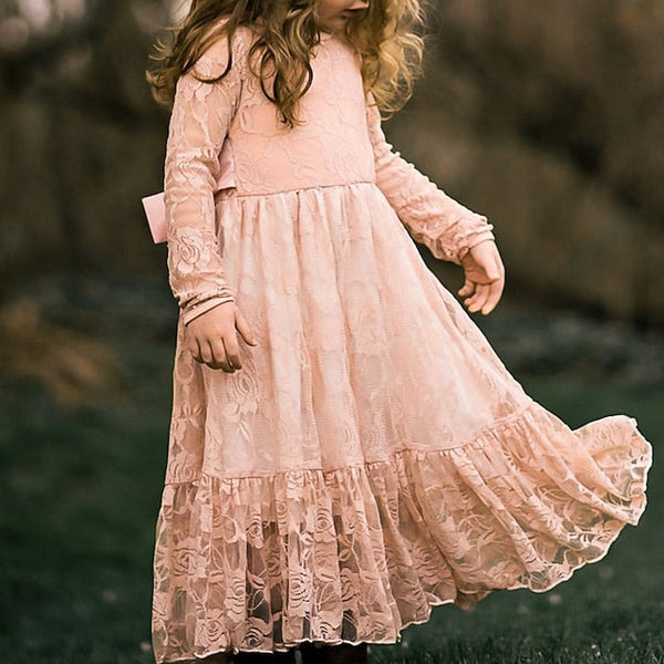 Girl Flower Colored Dress Girls' Long Kids Solid FashionChic