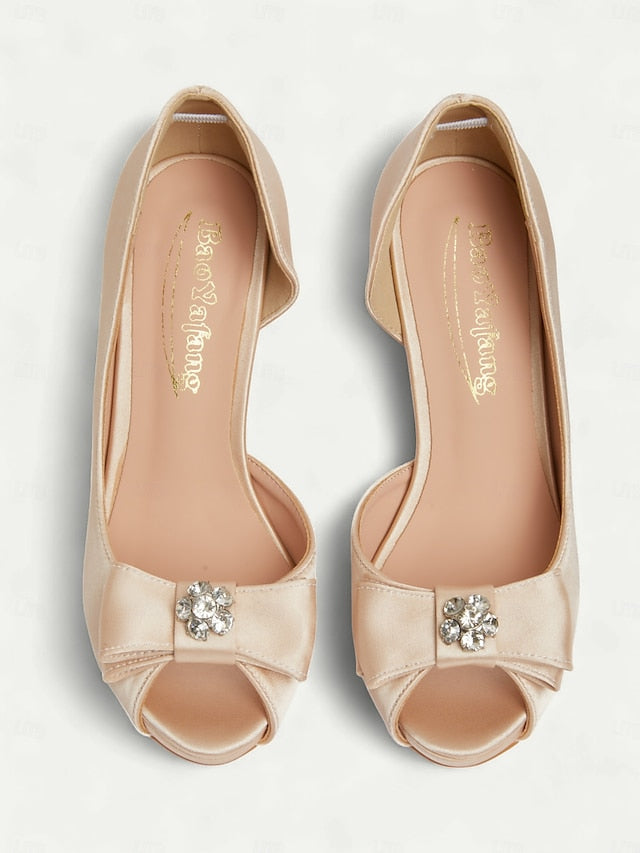 Champagne Satin Bow Women's Peep and Toe Heels with FashionChic