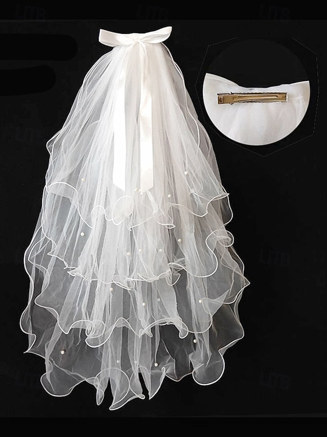 and Soft - Bridal Satin Tulle Ivory Ribbon with Veil Elegant FashionChic
