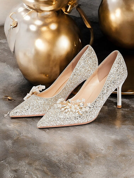 with Women's Glitter Floral Heels Silver Stiletto FashionChic