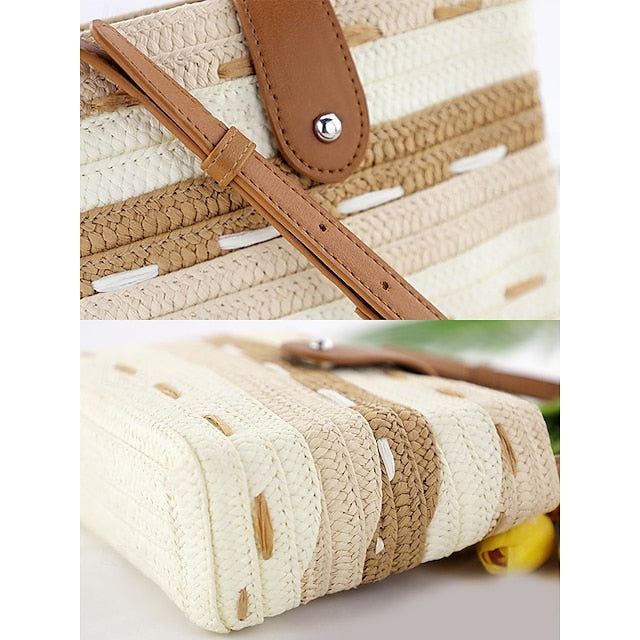 Woven with Women's Colorblock Straw Striped Brown Tote Bag FashionChic