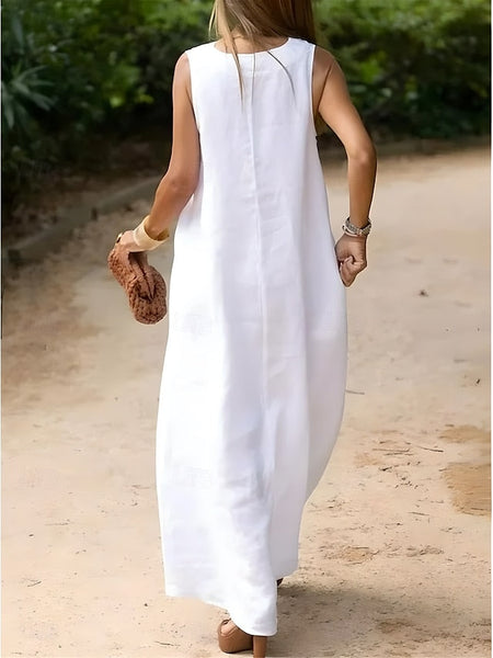 Women's White Dress Cotton Linen Dress Maxi Dress Vacation FashionChic