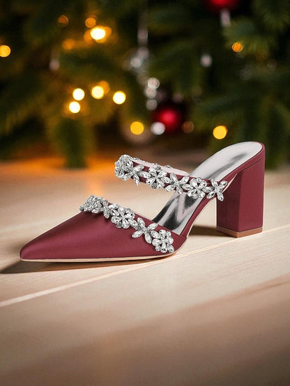 Floral Women's with Satin Block Heel Rhinestone Mules Black FashionChic