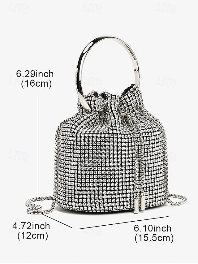 Women's with Rhinestone Metal Bag Silver Bucket Sparkling FashionChic
