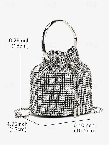 Women's with Rhinestone Metal Bag Silver Bucket Sparkling FashionChic