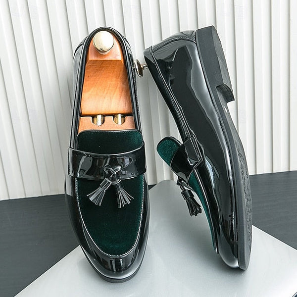 – Men's Black Faux Tassel Loafers Leather Patent Velvet FashionChic