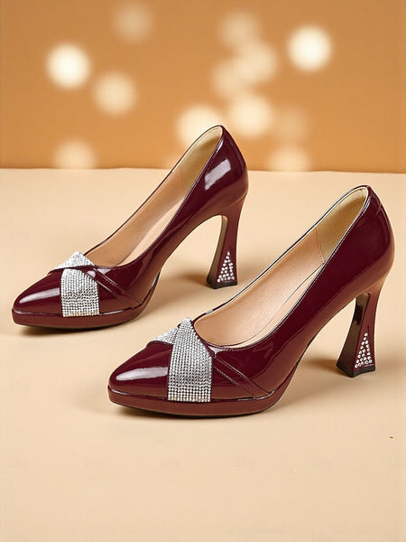 Women's Pointed Patent Heels Leather Burgundy with Toe FashionChic