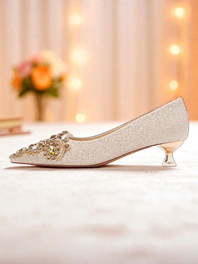 Gold Pumps with Women's Low Heel Pointed-Toe Glitter FashionChic