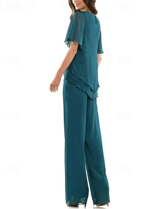 of Dress Neck Crew the Piece Pantsuit Elegant Two Mother Bride FashionChic