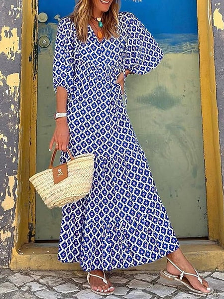 Women's Geometric Print V Neck Lantern Sleeve Maxi Dress FashionChic