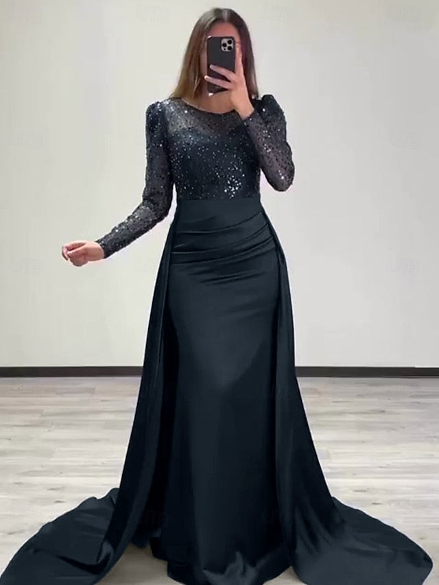 RuchedSatin Dress Sleeves Mermaid Gown Evening Sequin Long FashionChic