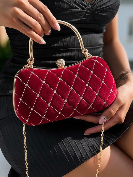 Quilted Diamond Evening Purse with Accents Velvet Women's - FashionChic
