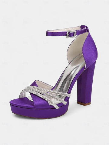Platform Rhinestone Purple - Heel Sandals Satin Straps with High FashionChic
