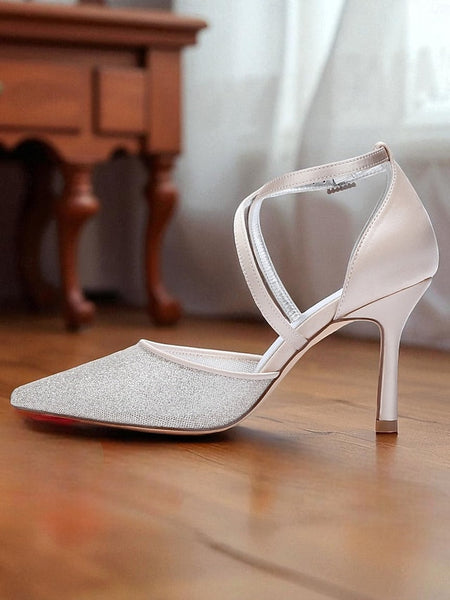 Women's Strap Ankle Silver Heels Elegant - Glitter Stiletto FashionChic