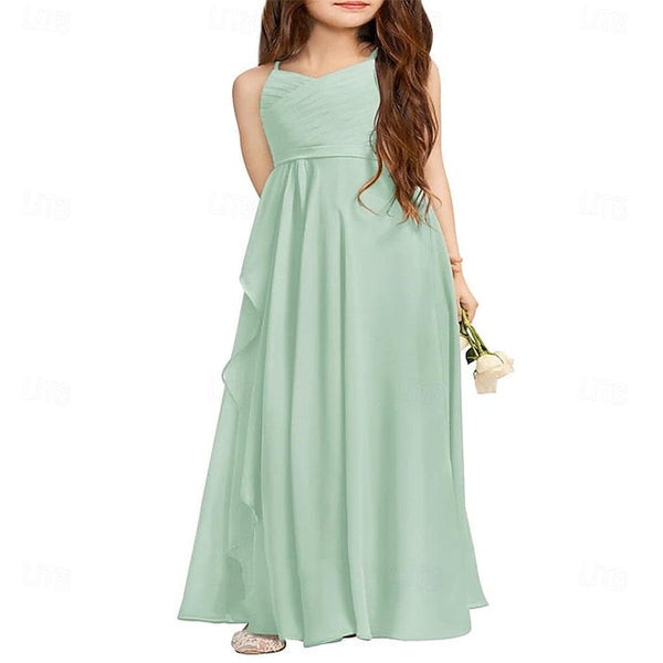 Girl Girls Bridesmaid Flowy Flower Halter A-Line Dress Junior FashionChic