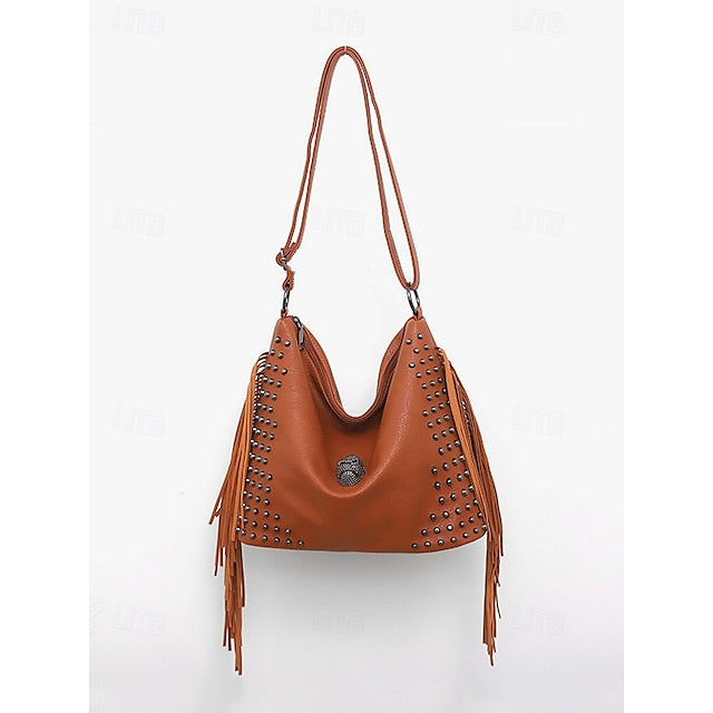 - Brown Leather Boho Studded Bag Women's Hobo Skull Fringe FashionChic