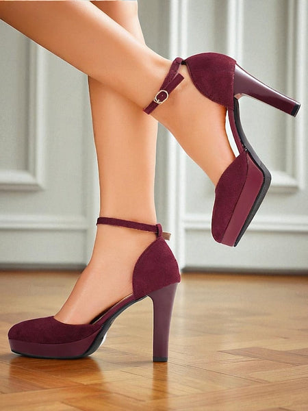High Heel 1950s Women's Strap Burgundy Ankle Suede Platform FashionChic