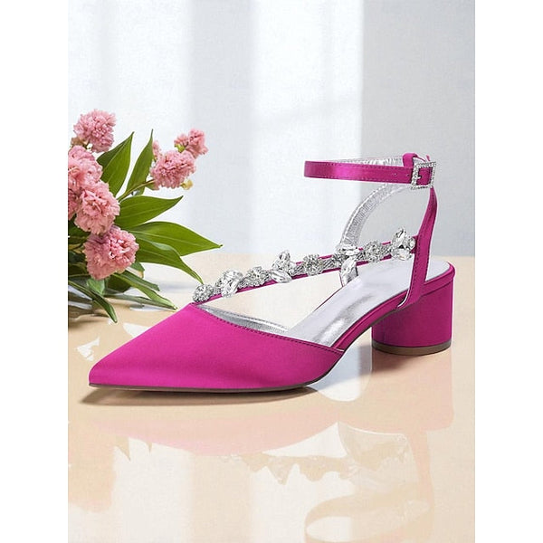 Purple Heel Pumps Women's Satin Block with Rhinestone FashionChic