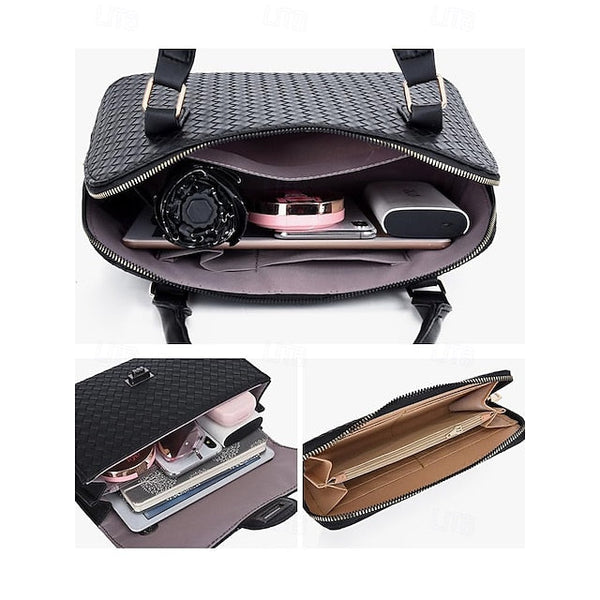 Handbag Set Brown Leather Women's Woven – 3-Piece Faux FashionChic