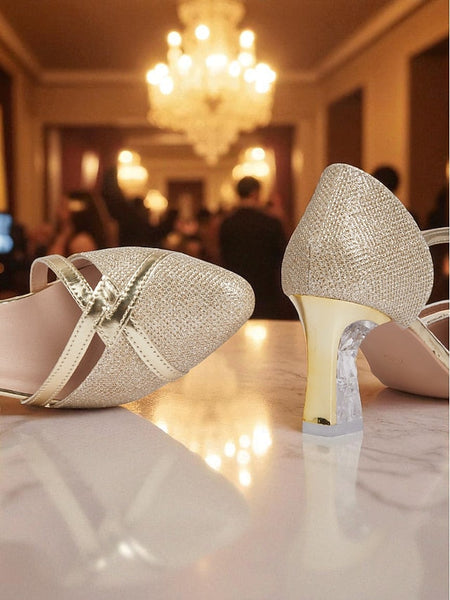 Ankle Elegant Strap Heel Pumps Gold Block Glitter Women's - FashionChic