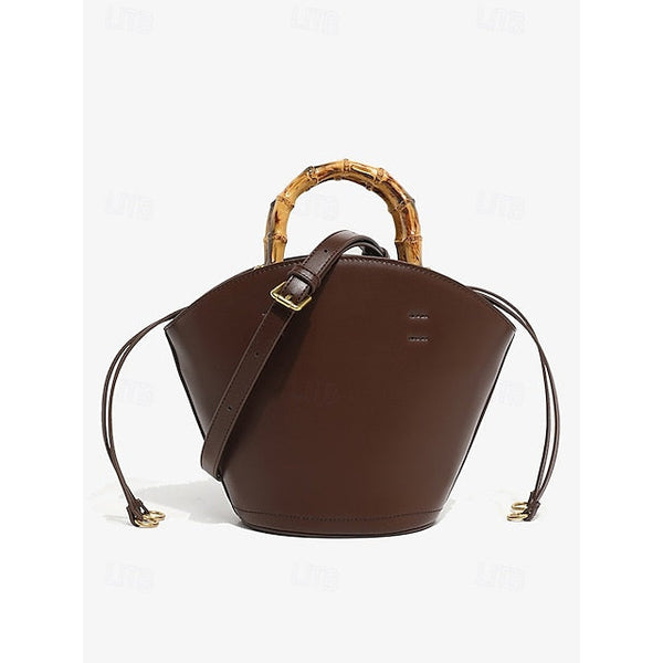Bamboo with Leather Bag Handle Women's Bucket Brown FashionChic