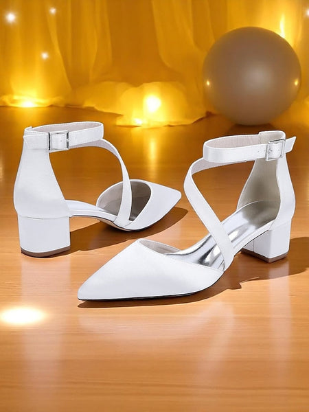 Women's Champagne Pointed Block Heels Satin Toe - FashionChic