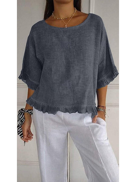 Women's Cotton Linen Blouse Solid Color Stylish Casual Half FashionChic