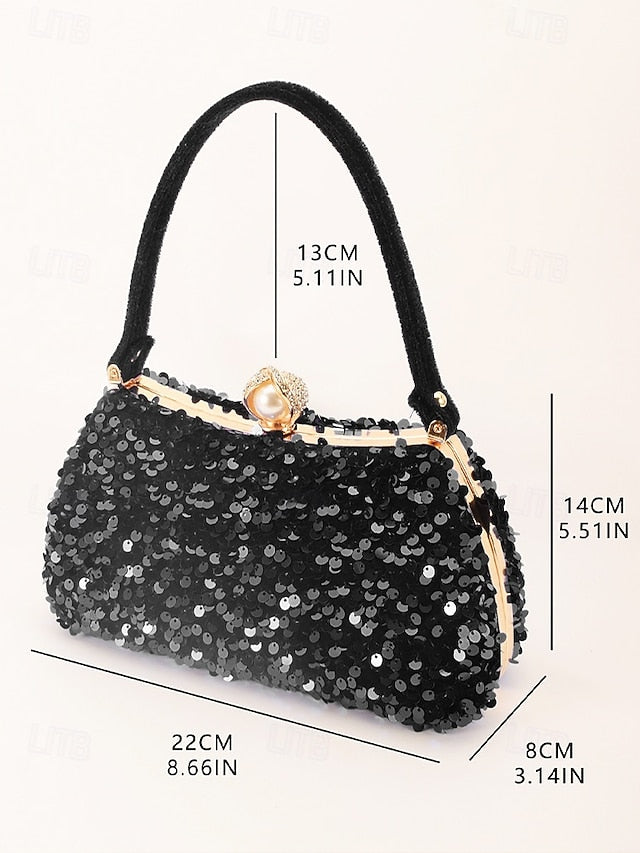 – Women's Evening Pearl Accent Sequin Black Clutch with FashionChic
