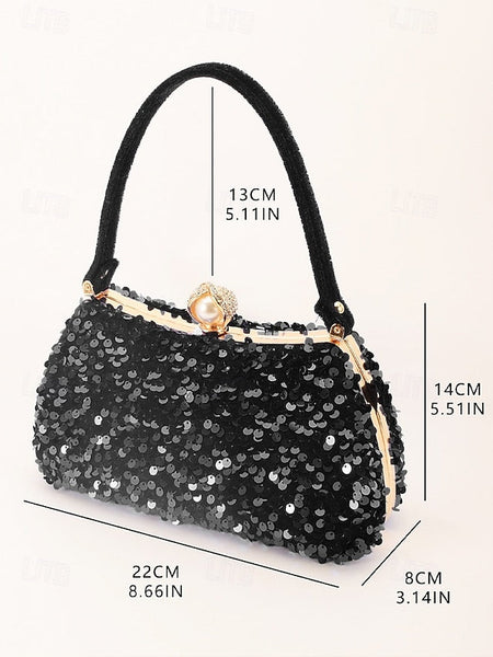 – Women's Evening Pearl Accent Sequin Black Clutch with FashionChic