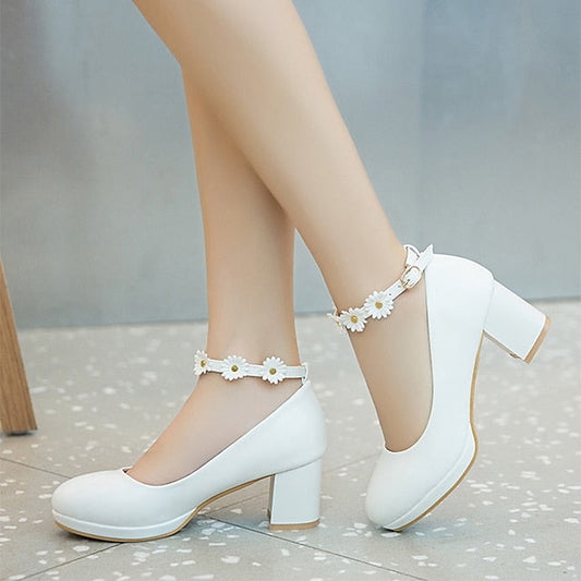 Girls' Daisy with Dress Flower Shoes Ankle Heel White Block FashionChic