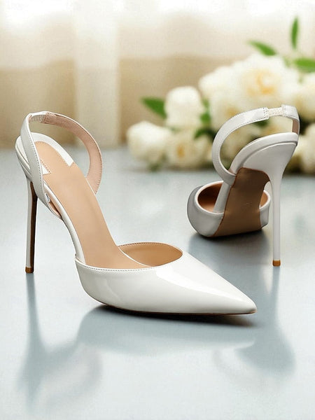 White Pearl-Embellished Slingback Heels Leather Women's - FashionChic