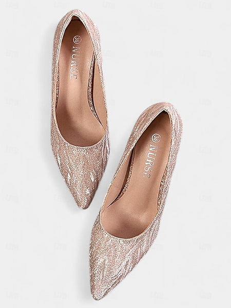 Pointed Toe Champagne Heels Women's Stiletto Glitter with FashionChic
