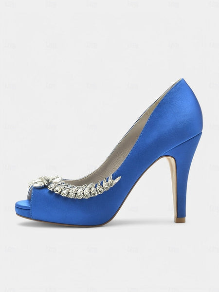 Peep-Toe Luxury – Embellishment Satin Crystal Blue with Heels FashionChic