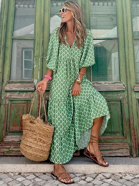 Women's Geometric Print V Neck Lantern Sleeve Maxi Dress FashionChic