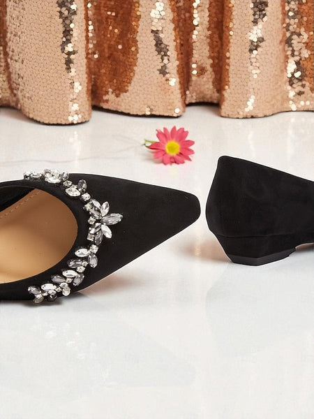 with Black Women's Pointed Flats Toe Rhinestone Suede FashionChic