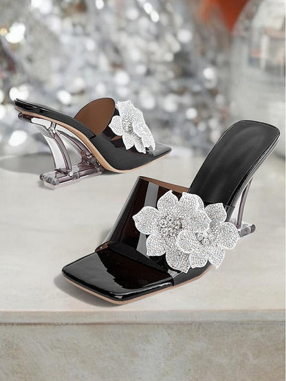 Black Flower with Women's Rhinestone Mules Leather Patent FashionChic