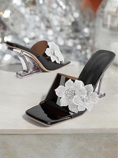 Black Flower with Women's Rhinestone Mules Leather Patent FashionChic